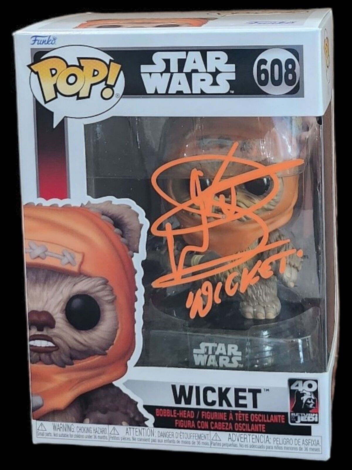 Funko POP Star Wars 40th Anniversary #608 Wicket Signed By Warwick Davis JSA COA