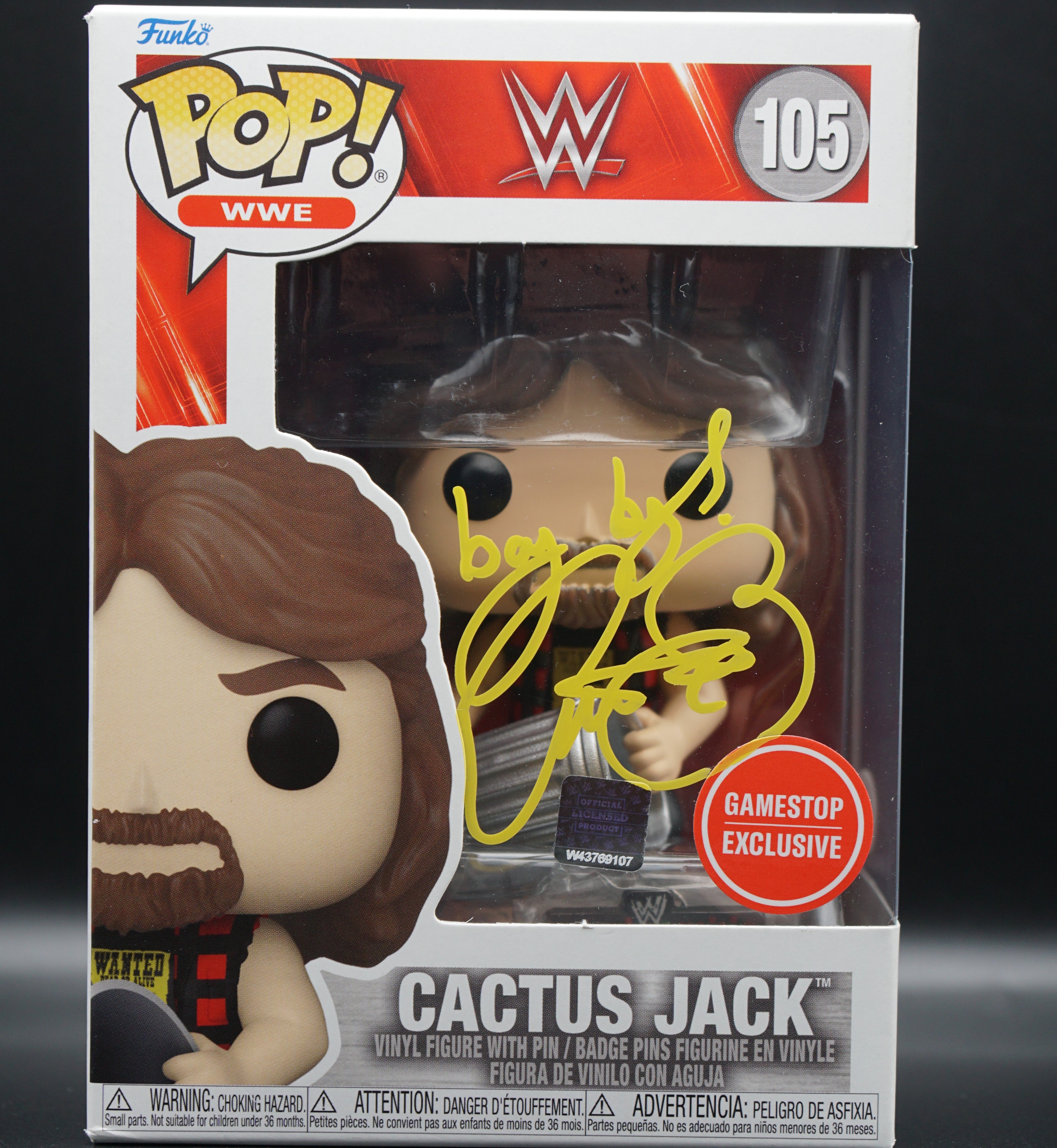WWE Cactus Jack Funko Pop #105 GameStop Exclusive PSA COA Inscription "Bang Bang" - Signed by Mick Foley as Cactus Jack