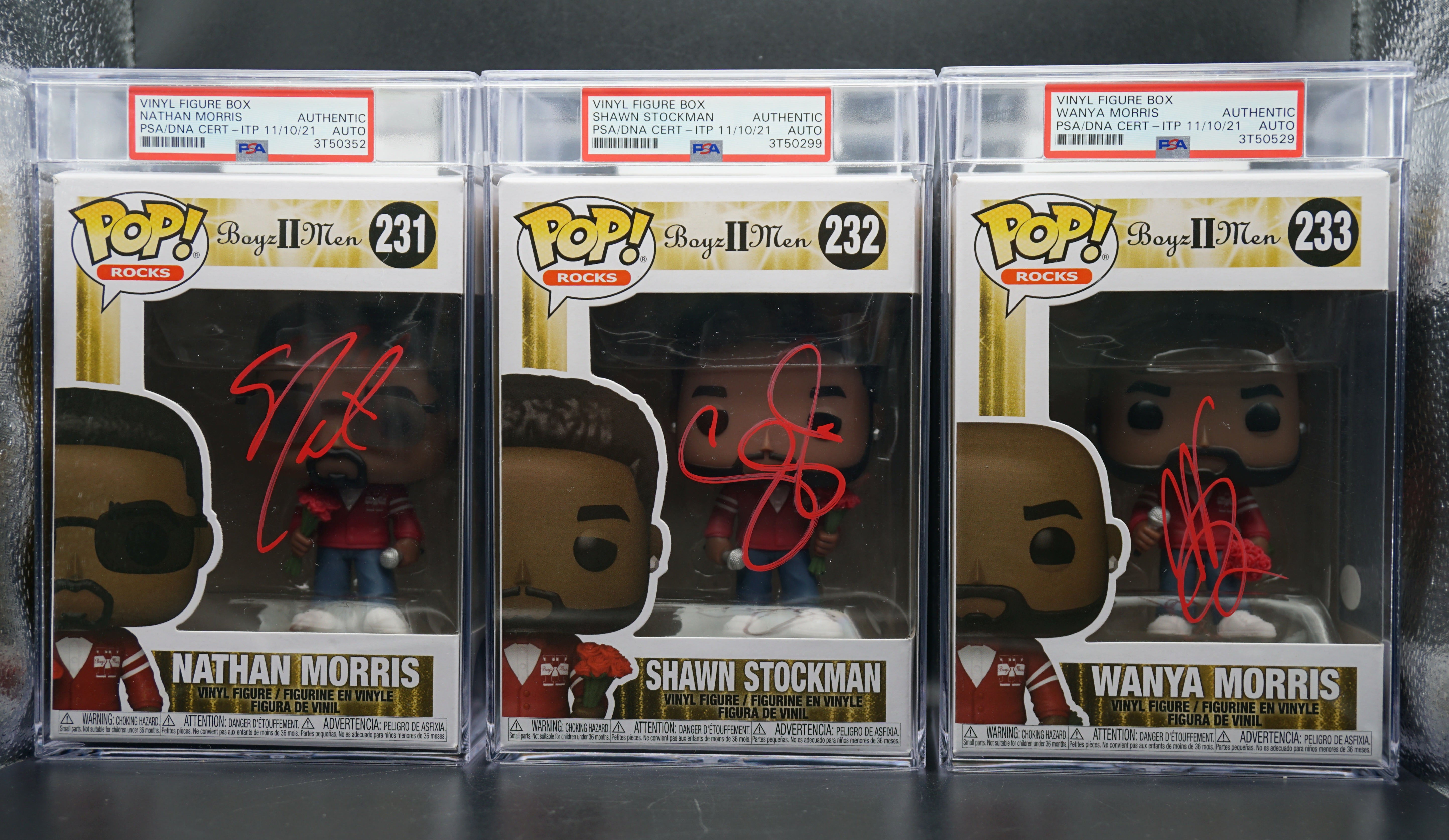 Boyz II Men Funko Pop  #231 #232 #233 Encapsulated Funko Sold as a Trio PSA COA - Signed by Shawn Stockman, Nathan Morris and Wayna Morris
