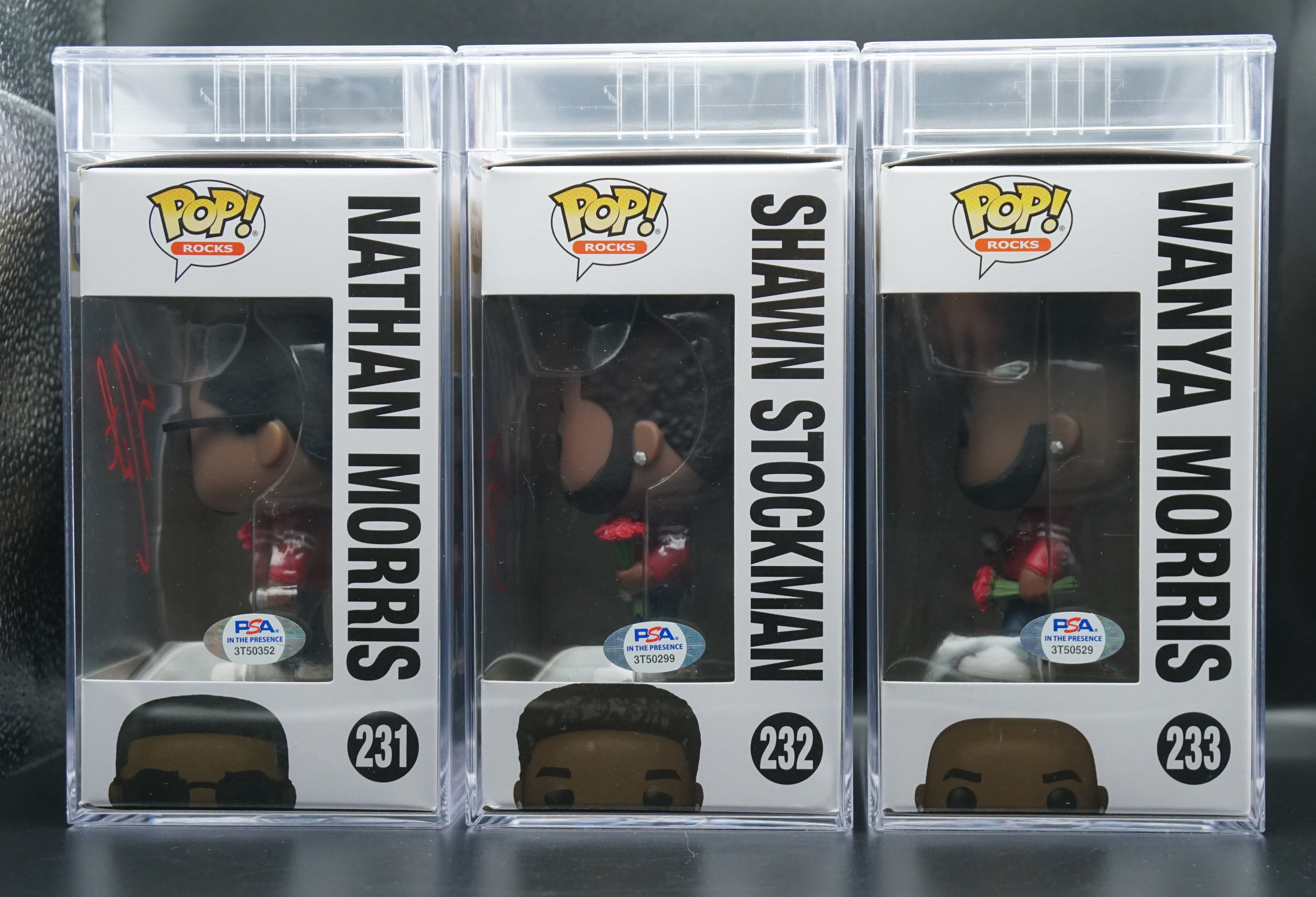Boyz II Men Funko Pop  #231 #232 #233 Encapsulated Funko Sold as a Trio PSA COA - Signed by Shawn Stockman, Nathan Morris and Wayna Morris