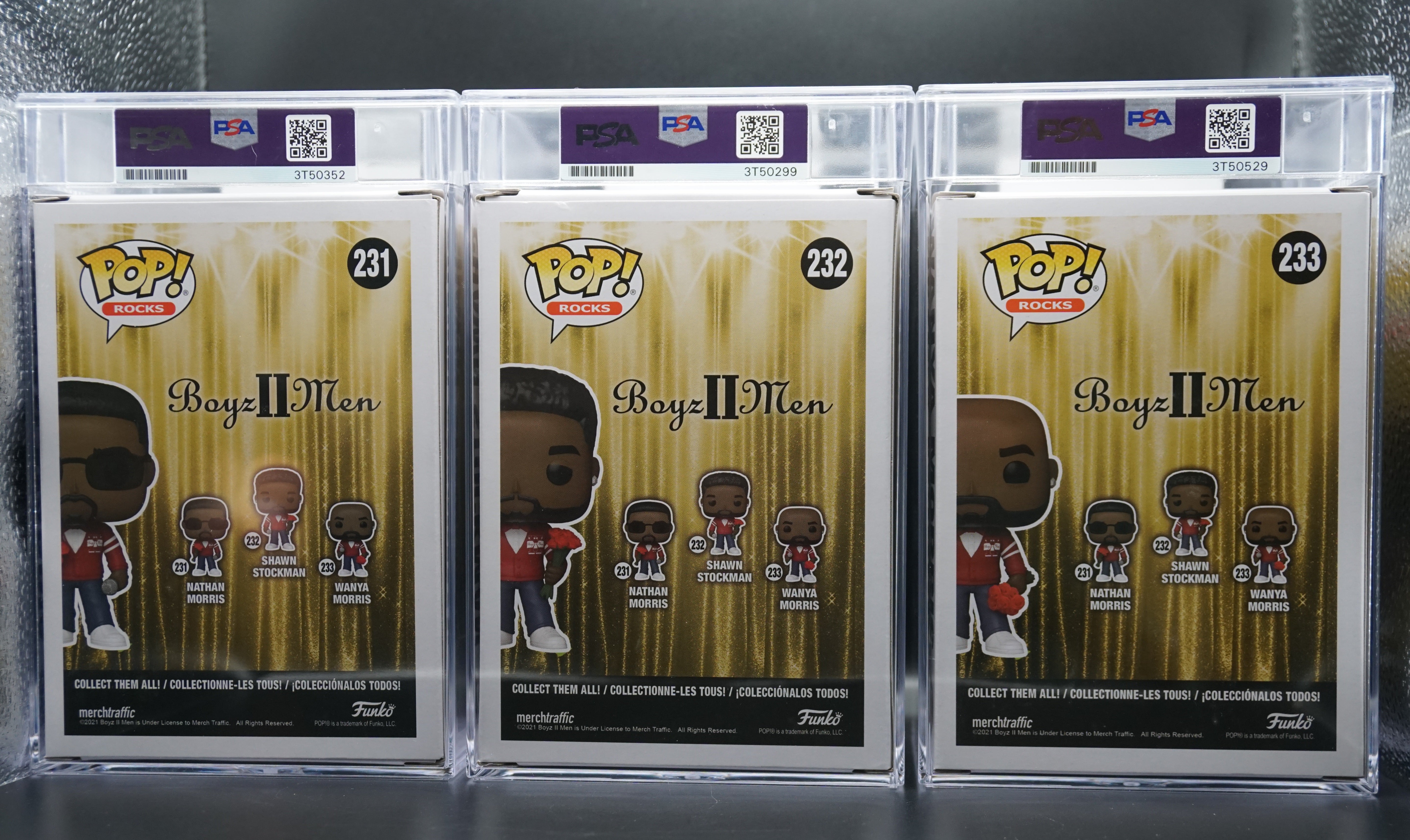 Boyz II Men Funko Pop  #231 #232 #233 Encapsulated Funko Sold as a Trio PSA COA - Signed by Shawn Stockman, Nathan Morris and Wayna Morris