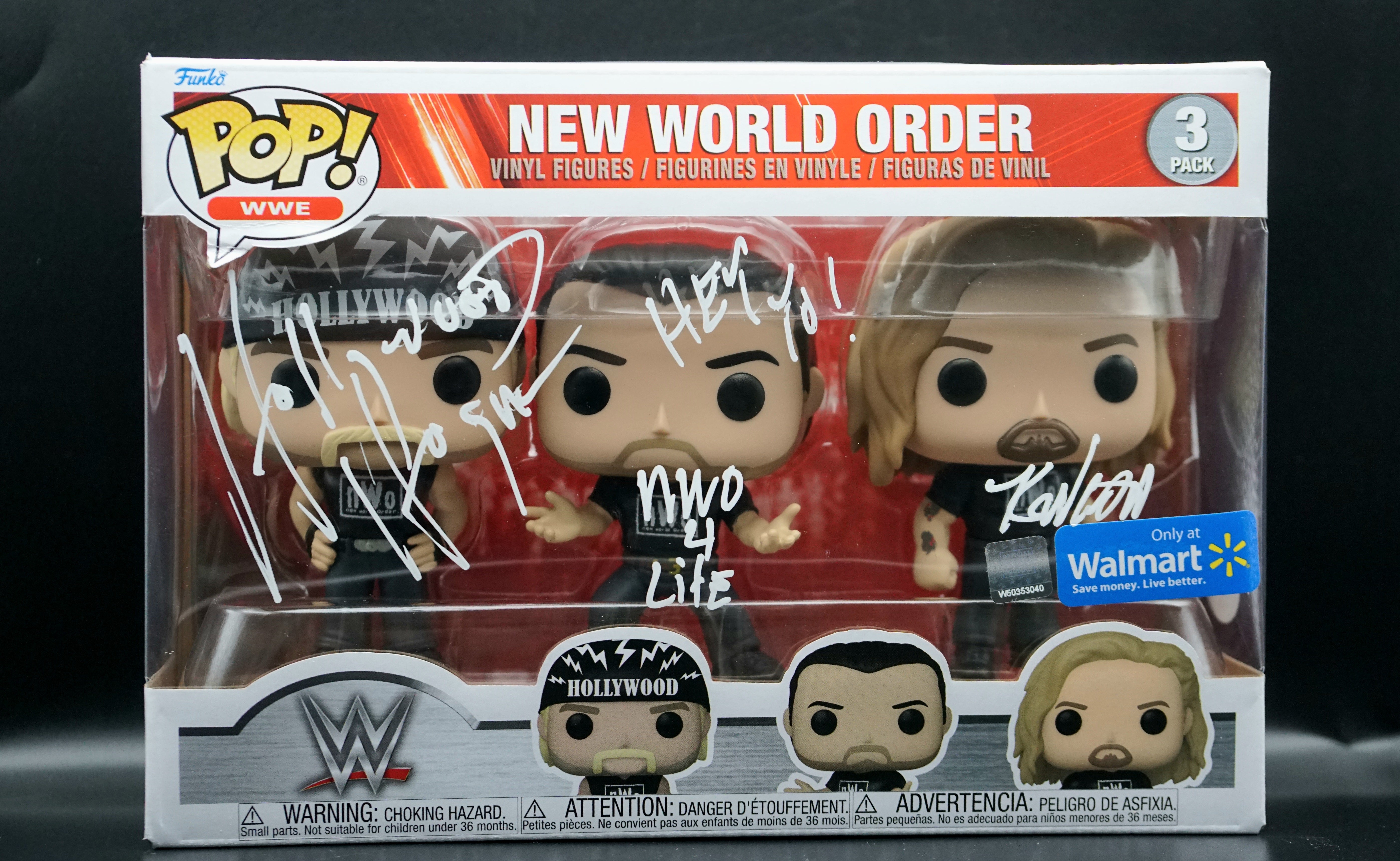 New World Order 3 Pack Funko Pop Autographed by Hollywood Hogan and Kevin Nash with Inscriptions and PSA COA