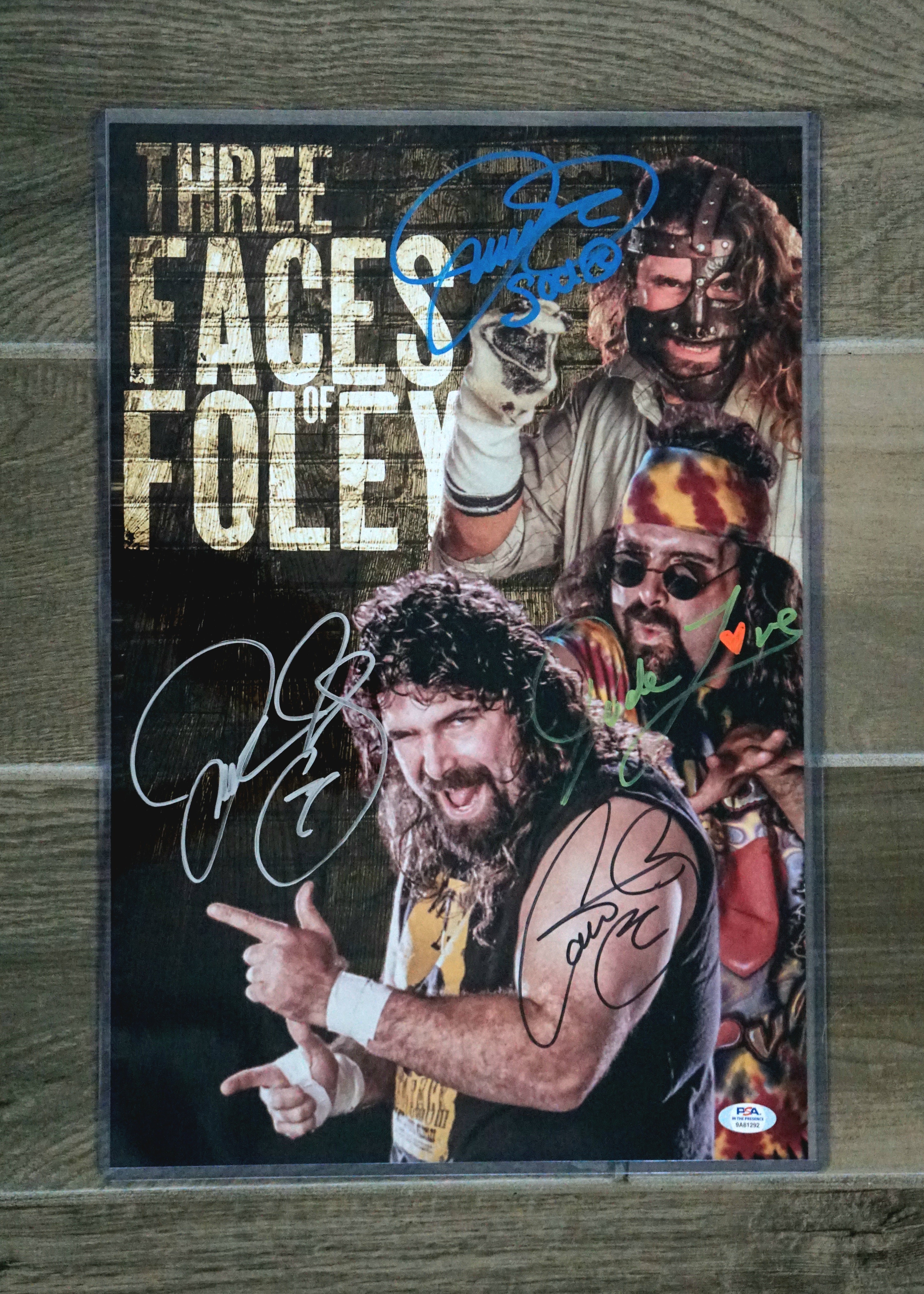3 Faces of Foley 12x18 Blue Mankind with inscriptions "Socko" - Signed by Mick Foley by all 3 characters Mankind, Dude, Love Cactus Jack as Mick Foley