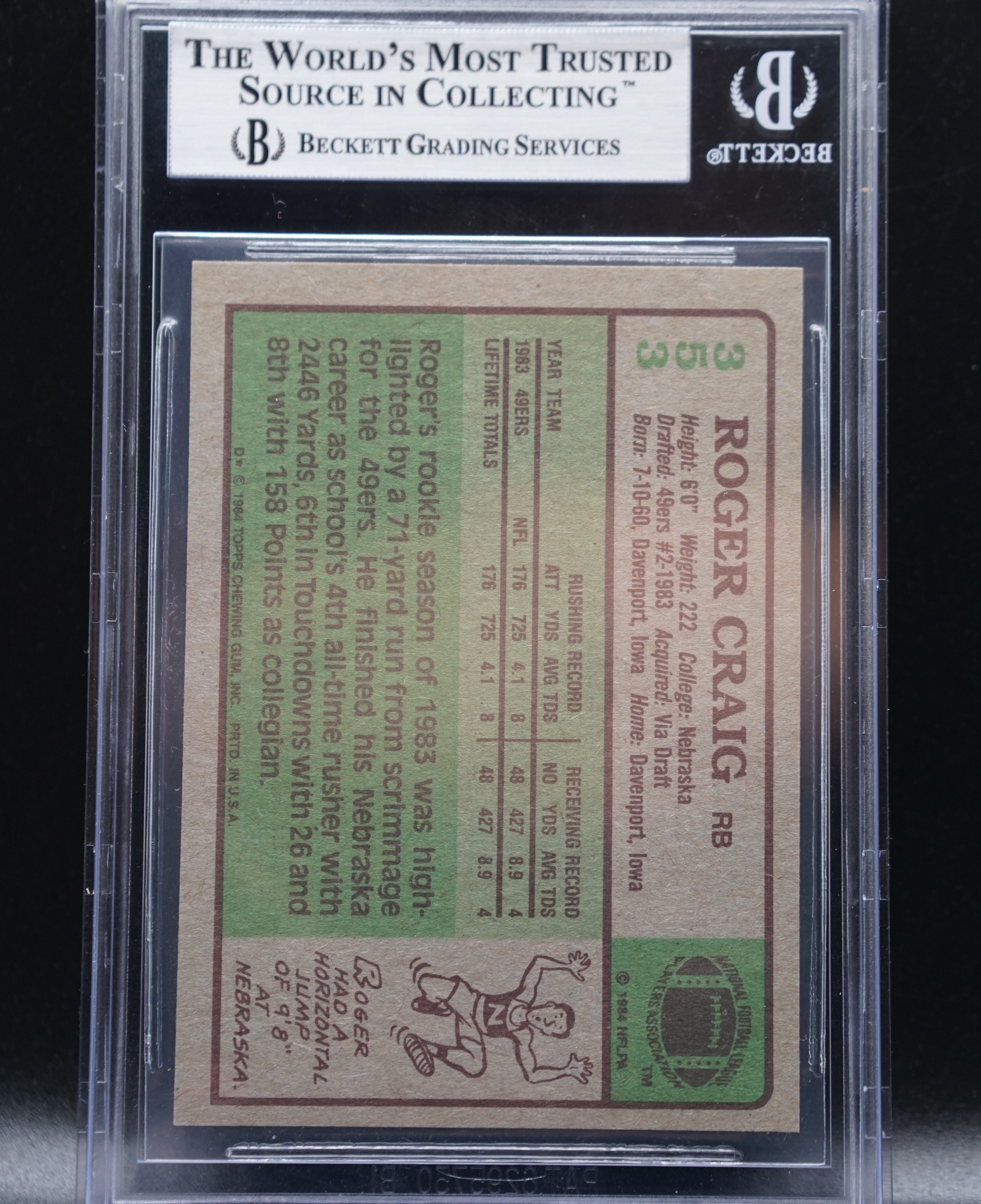 Roger Craig Rookie Card - San Francisco 49ers - Tops Trading Card - Signed in Black Sharpie with "1000/1000 85" Inscription - Slabbed with Beckett COA