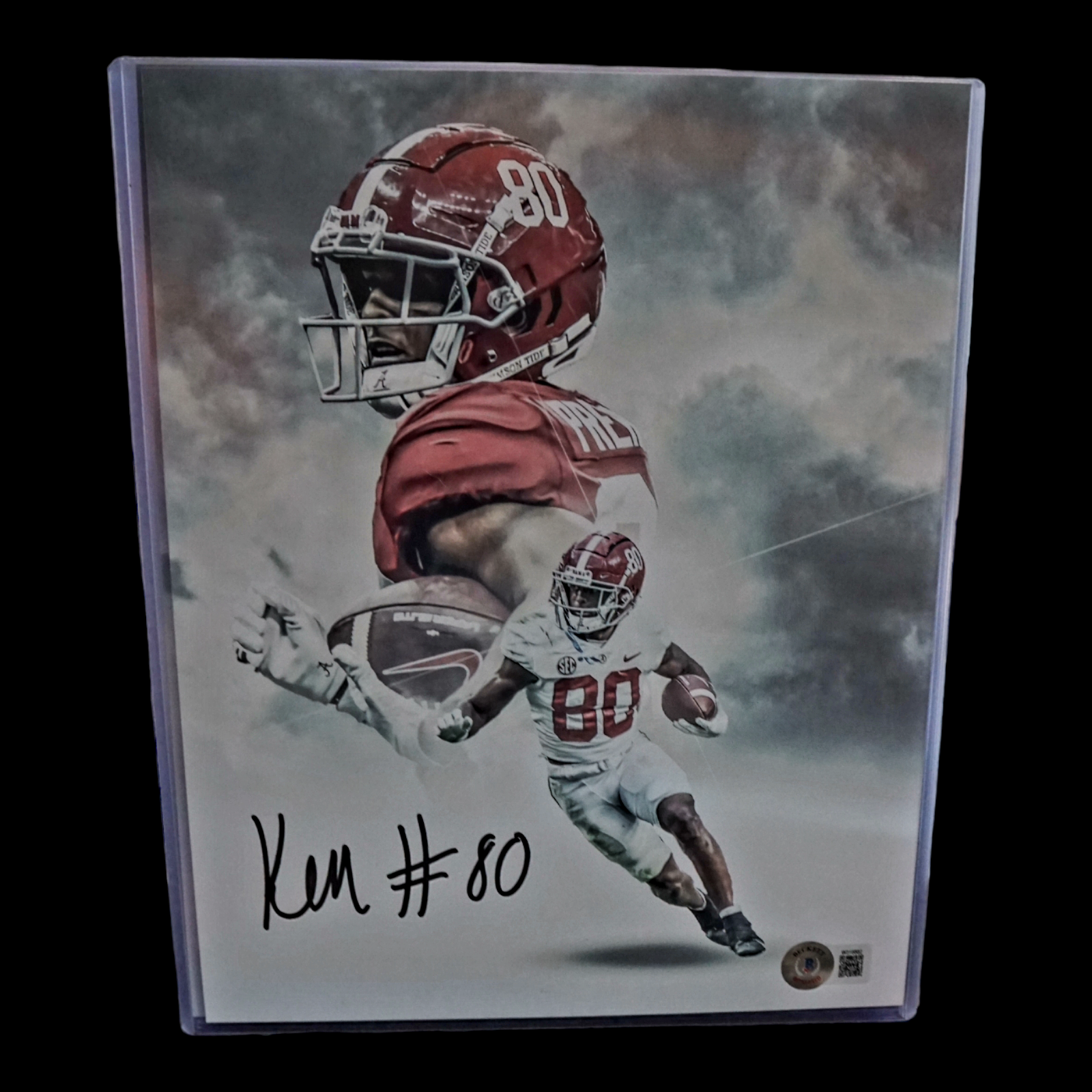 Alabama Kobe Prentice WR #80 - Signed in black sharpie or white paint with Beckett COA photograph 8x10