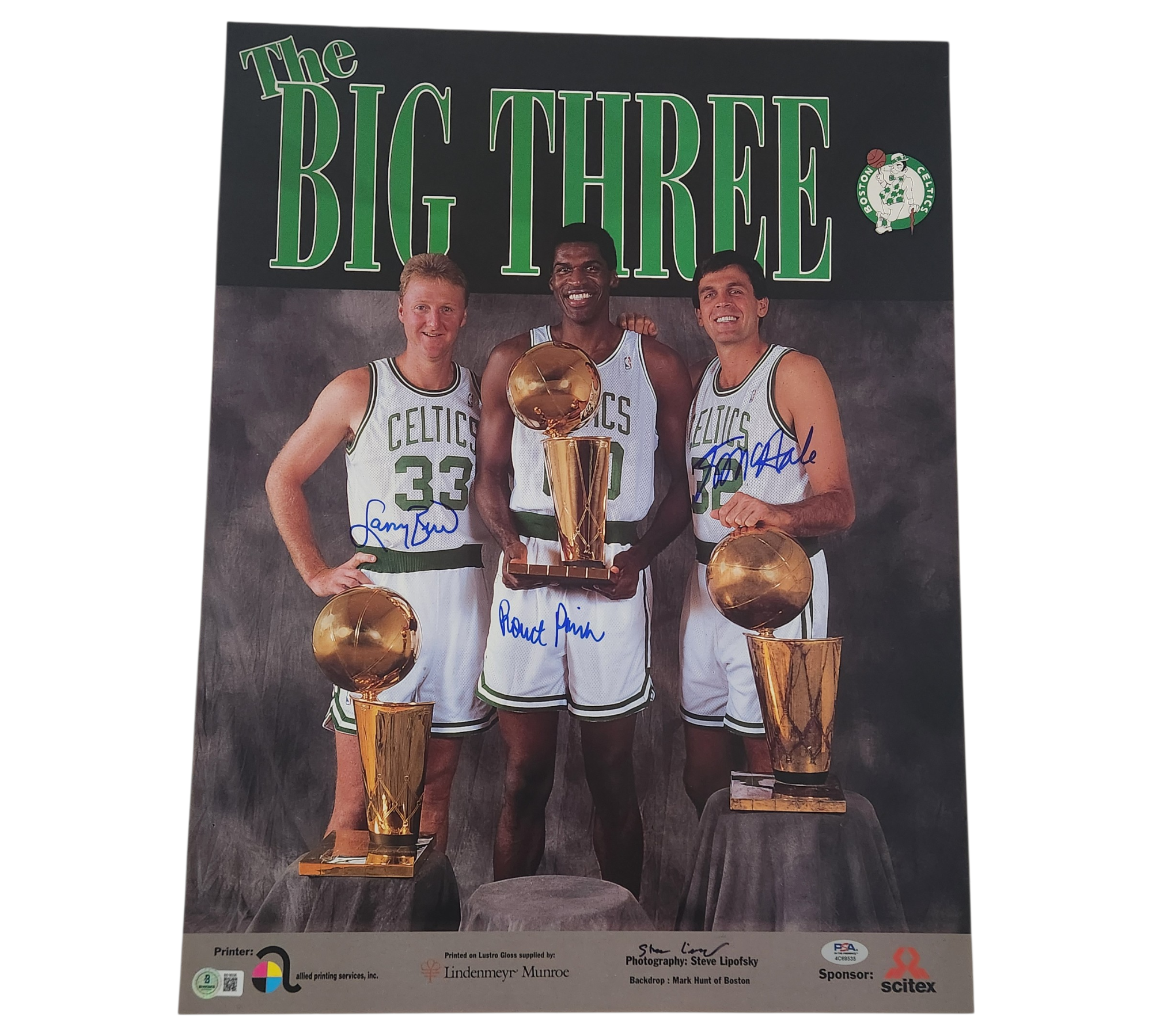 Officially licensed Boston Celtics "Big 3" poster signed by Hall of Famers: Larry Bird, Kevin McHale, and Robert Parish.