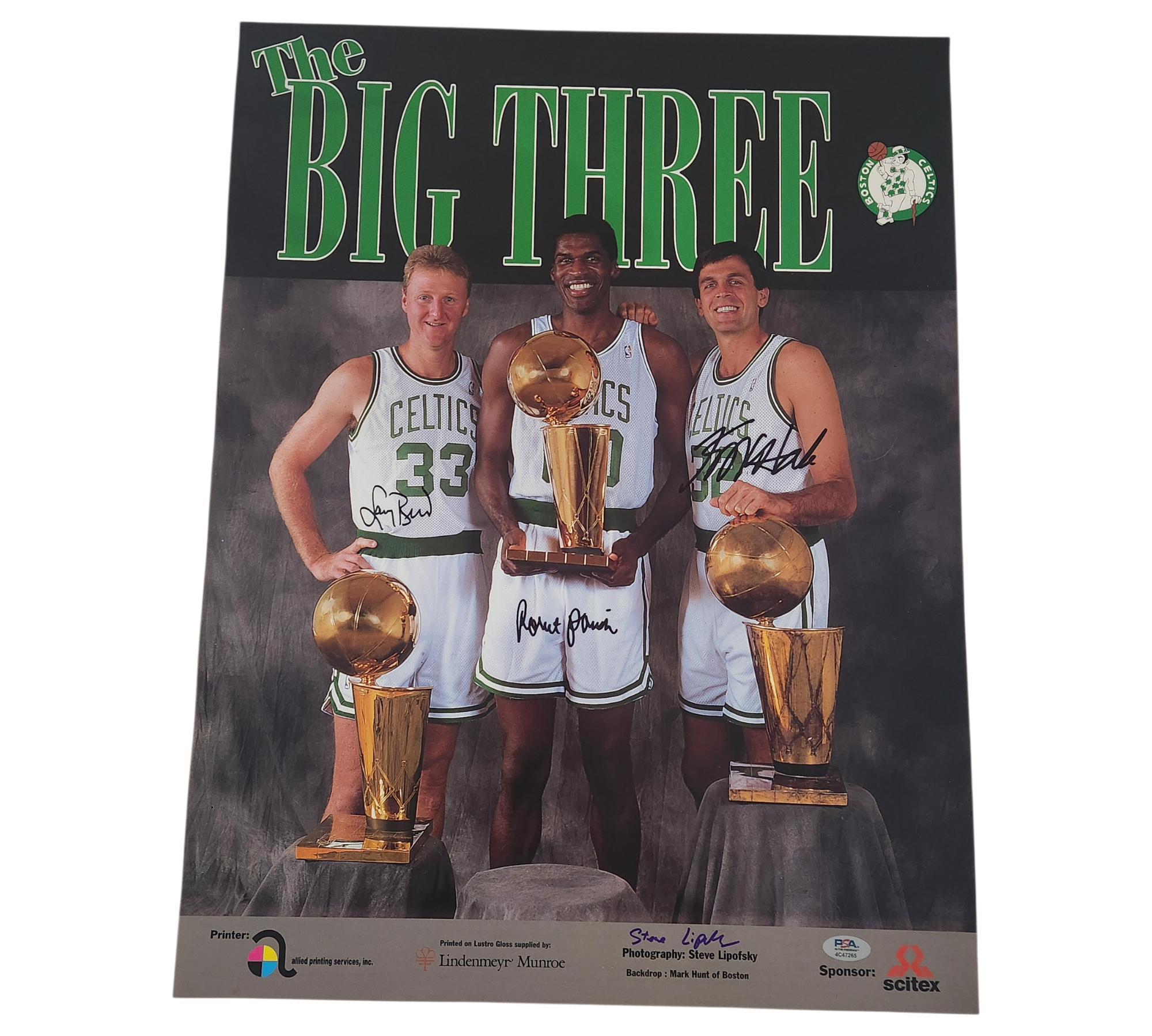 Officially licensed Boston Celtics "Big 3" poster signed by Hall of Famers: Larry Bird, Kevin McHale, and Robert Parish.